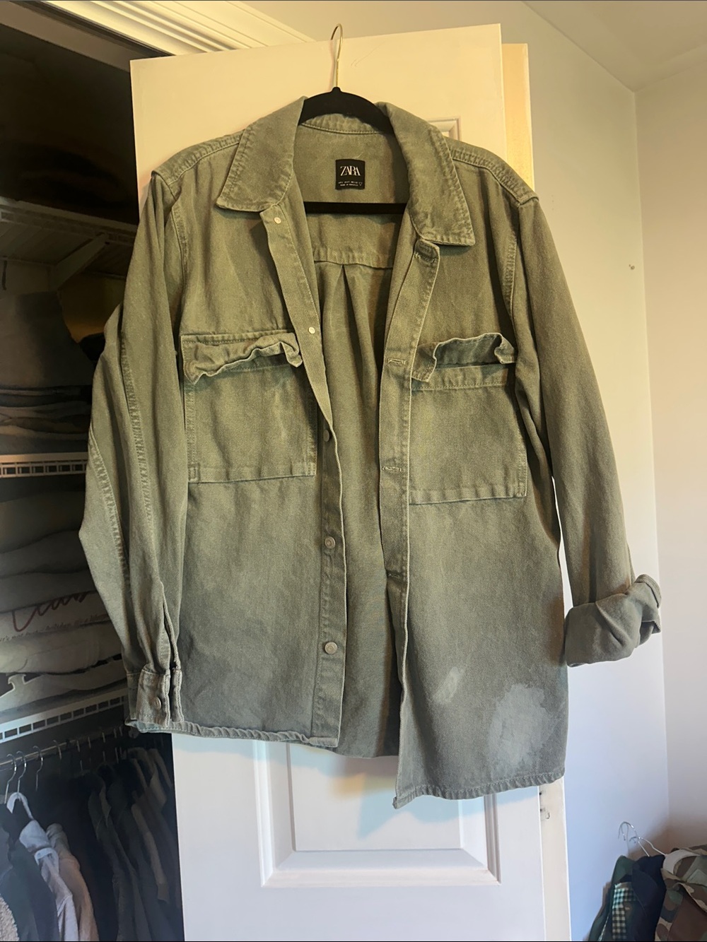 Zara Olive Green Military-Style Denim Overshirt